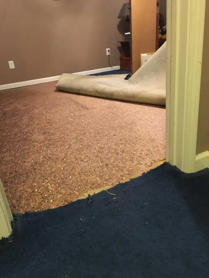 Carpet pad removal revealing water damage during Drying & Dehumidification in West Columbia